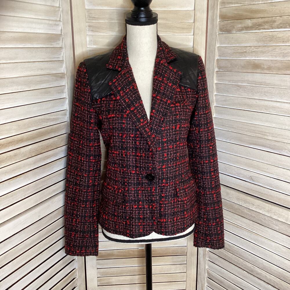 Torn Ronny Kobo Red Black Tweed Quilted Faux Leather Shoulder Blazer S